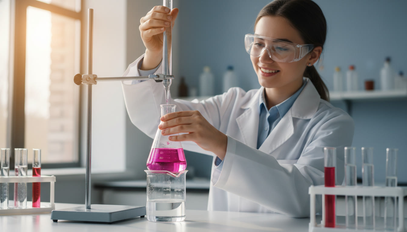 Photo Idea : A bright, energetic photo of a student in a school lab carefully performing a titration with a burette, beaker, and indicator visible. The atmosphere should feel focused and hopeful — the student smiling as they watch the color change.