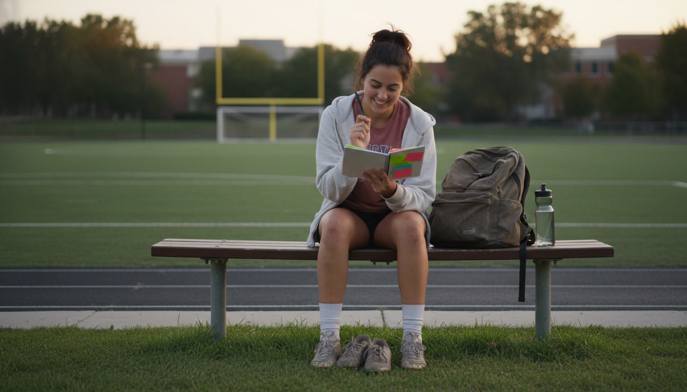 Photo Idea : A student sitting on a bench by a school field after practice, opening a small notebook for 20 minutes of focused flashcard review — natural light, relaxed posture, backpack and soccer cleats nearby.