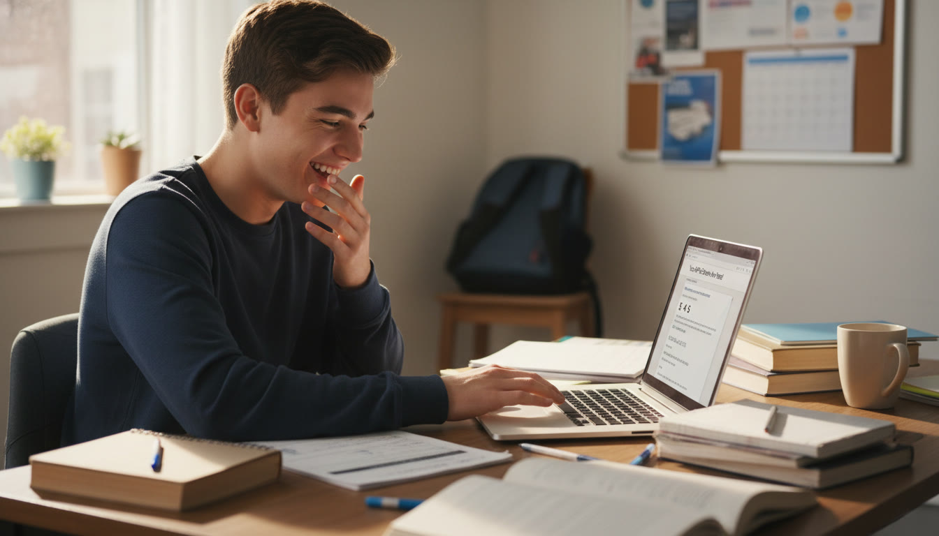 Photo Idea : A candid photo of a high-school student smiling while opening an AP score email on a laptop, with schoolwork scattered nearby — captures anticipation and hope.