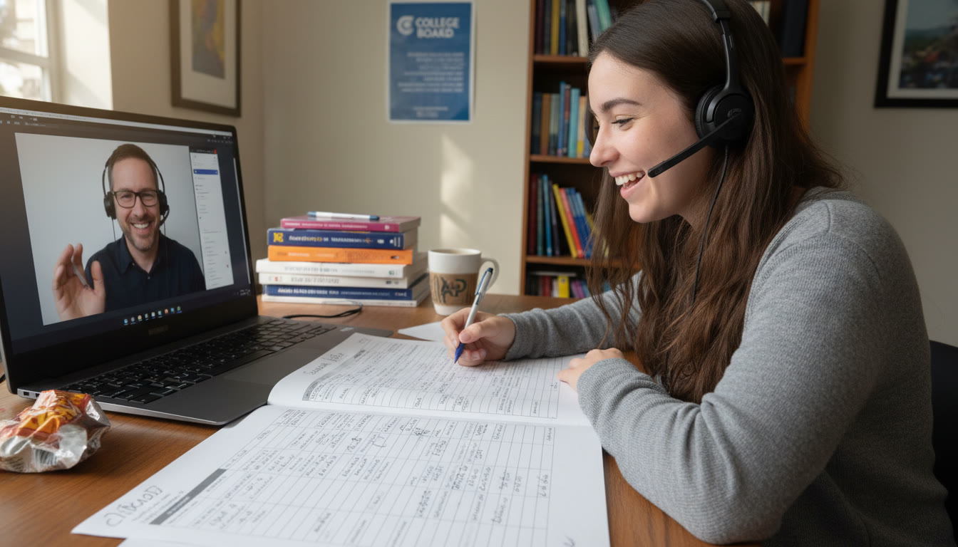 Photo Idea : A student and a tutor (could be remote on a laptop) reviewing a practice test together, annotated paper visible, headset and focused expressions — captures the value of personalized 1-on-1 guidance.