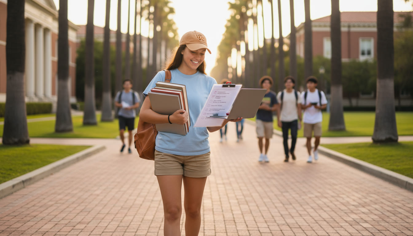Photo Idea : A sunlit campus walkway at USC with a student carrying textbooks and a laptop, looking at a checklist — conveys transition from high school to college and the practical planning mindset.