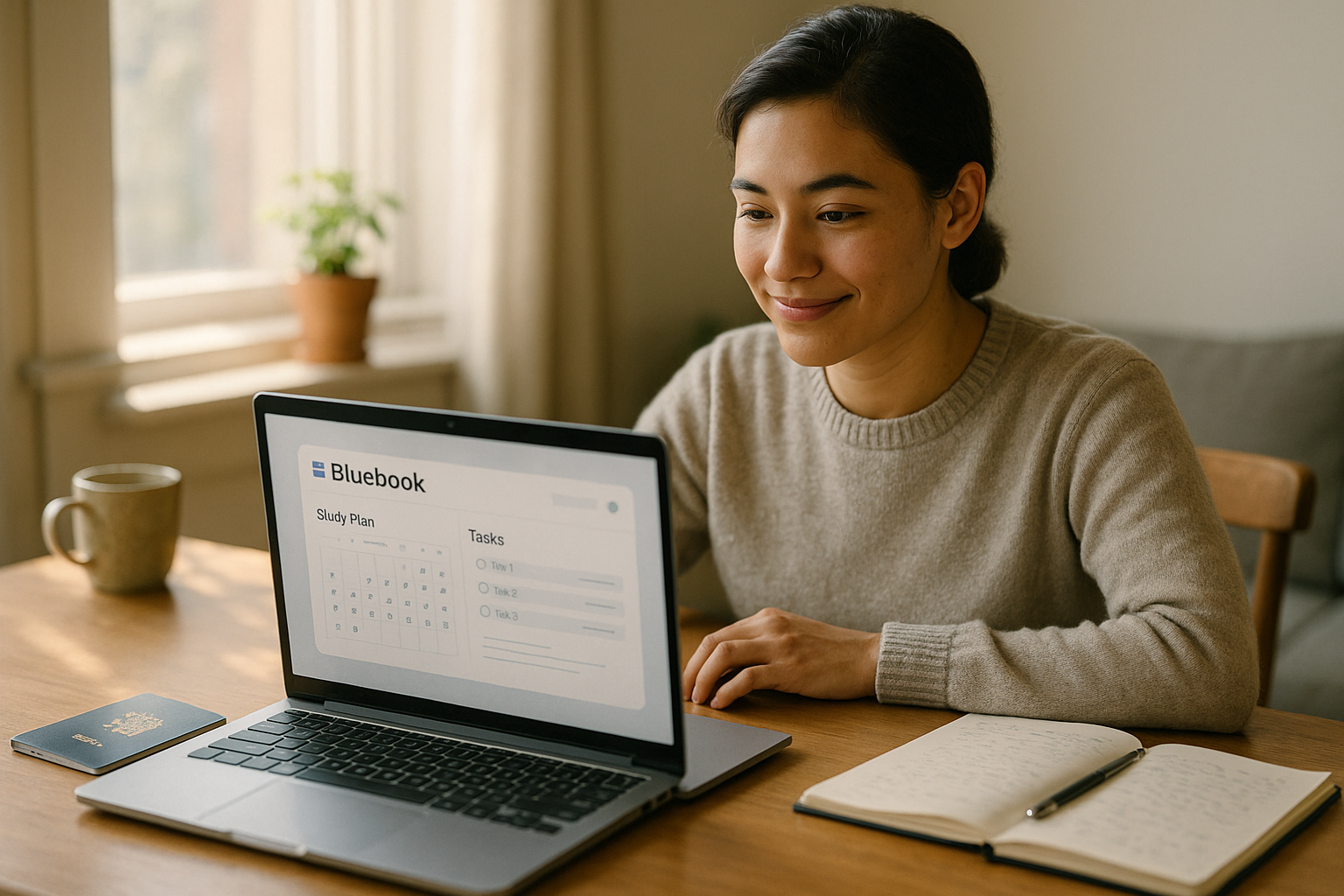 Photo Idea : A hopeful international student studying on a laptop, Bluebook app visible on the screen, with a passport and a notebook nearby — natural morning light.