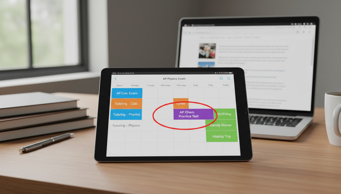 Photo Idea : A snapshot of a neatly organized tablet screen showing a color-coded week view: exam days, tutoring sessions, family events, and a circled practice test on Saturday.