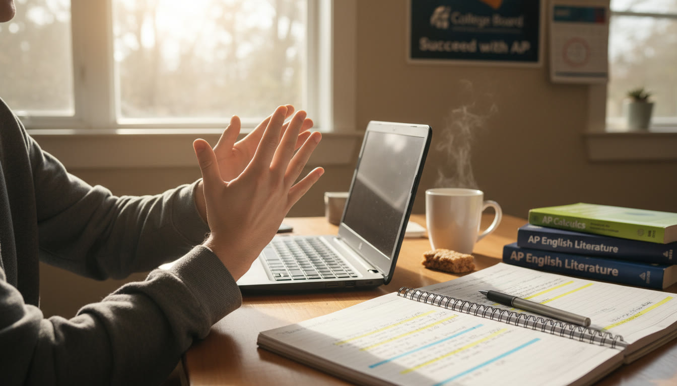 Photo Idea : A close-up of hands doing wrist stretches next to a keyboard and notebook, showing a study break in action and reinforcing the practice of regular micro-breaks.