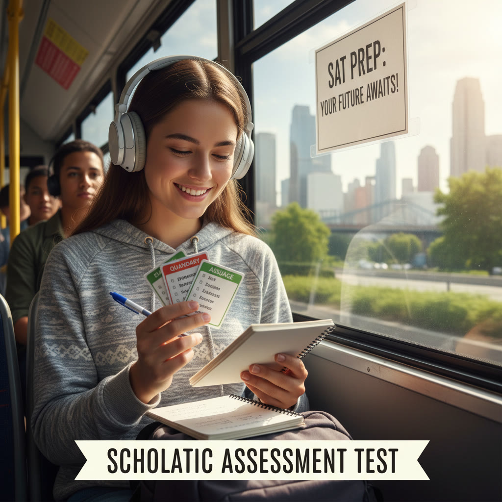 Photo idea: A student on a city bus, headphones on, holding a small notebook and smiling while studying flashcards.