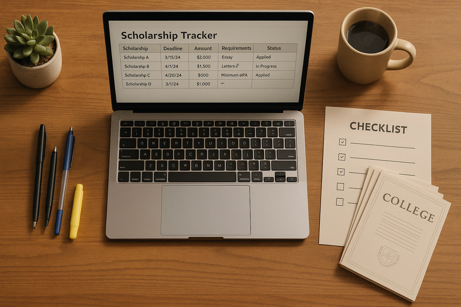Photo Idea : Overhead shot of a well-organized workspace: laptop with a scholarship tracker spreadsheet open, a printed checklist, pens, and a small stack of college brochures. Warm, modern styling to convey focus and calm planning.