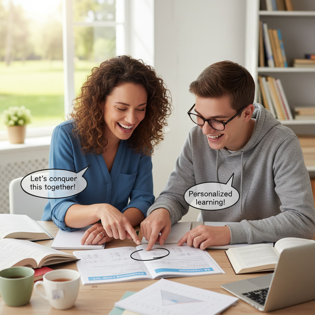 Photo idea: A tutor and student pointing at a practice test on a table, showing collaborative, personalized tutoring in action