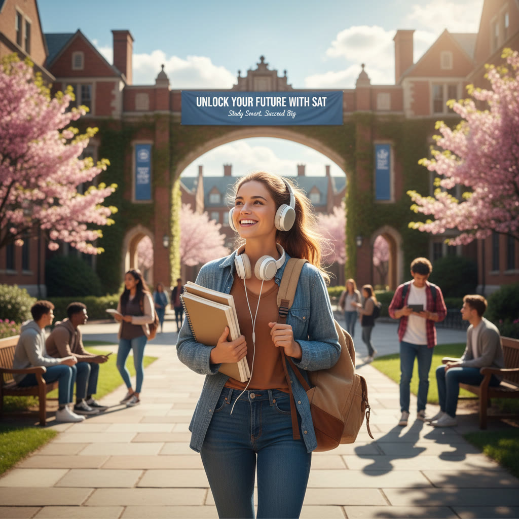 Student walking near a campus quad, headphones on, notebook tucked in a backpack: a peaceful moment of reflection between study blocks.