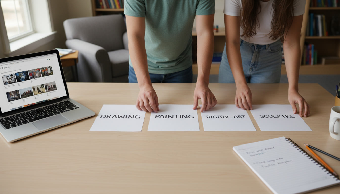 Photo Idea : A close-up of hands arranging five labeled portfolio prints on a clean table, with a laptop open to a portfolio website and a notepad with revision notes—conveys the final editing phase and the tactile care of curation.