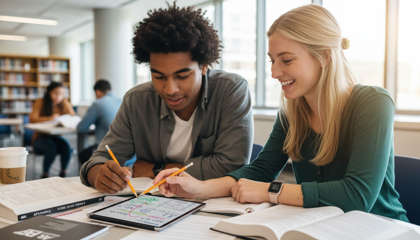 Photo Idea : Close-up of a tutor and student working over a problem set, a tablet showing annotated steps, and a watch indicating practicing under time pressure—this fits well near the study plan and tutoring section.