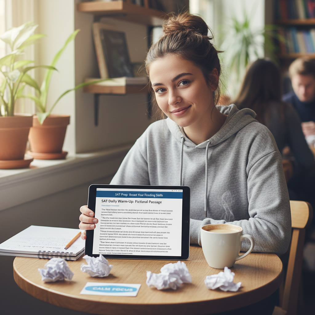 Student at a small table doing a short SAT warm-up: a passage on a tablet, scratch paper, and a cup of coffee nearby. Description emphasizes calm focus and minimal, practical materials.