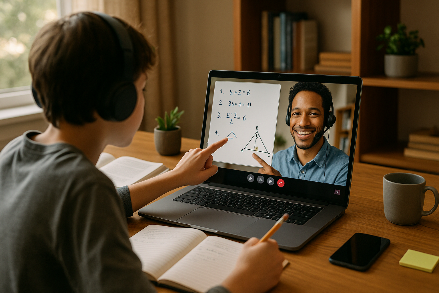 Photo Idea : A virtual tutoring session in progress—student on a laptop with a friendly tutor on screen, both pointing at practice problems.