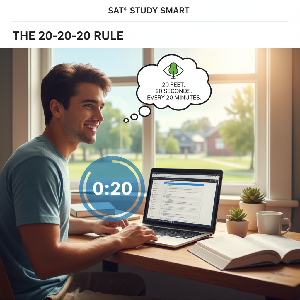Illustration idea: A visual of the 20-20-20 rule — a student looking at a screen, a 20-second timer icon, and a distant view outside a window, to demonstrate the break practice.