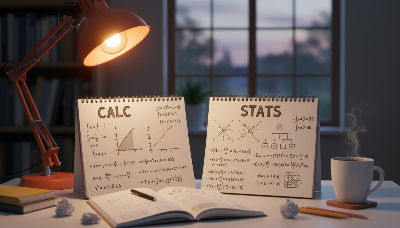 Photo Idea : A student desk with two open notebooks, one labeled “Calc” with integrals and graphs, the other labeled “Stats” with scatterplots and probability trees — a warm lamp and a cup of coffee in frame to set a focused, cozy study vibe.