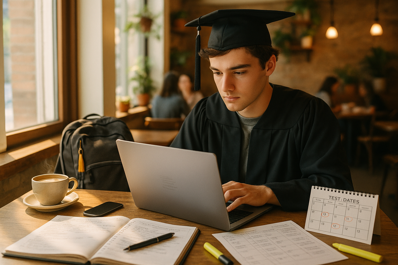 Photo Idea : A bright, candid photo of a high school graduate studying on a laptop in a cozy coffee shop with a backpack beside them—papers, a planner, and a calendar showing test dates visible on the table.