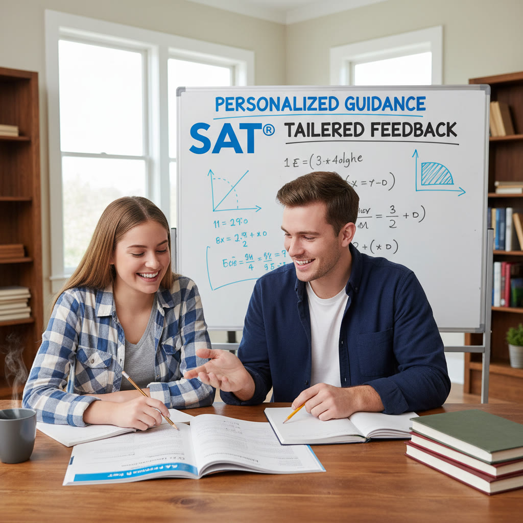 Group tutoring scene with a student and a tutor discussing a practice test: visualizes personalized 1-on-1 guidance and tailored feedback.