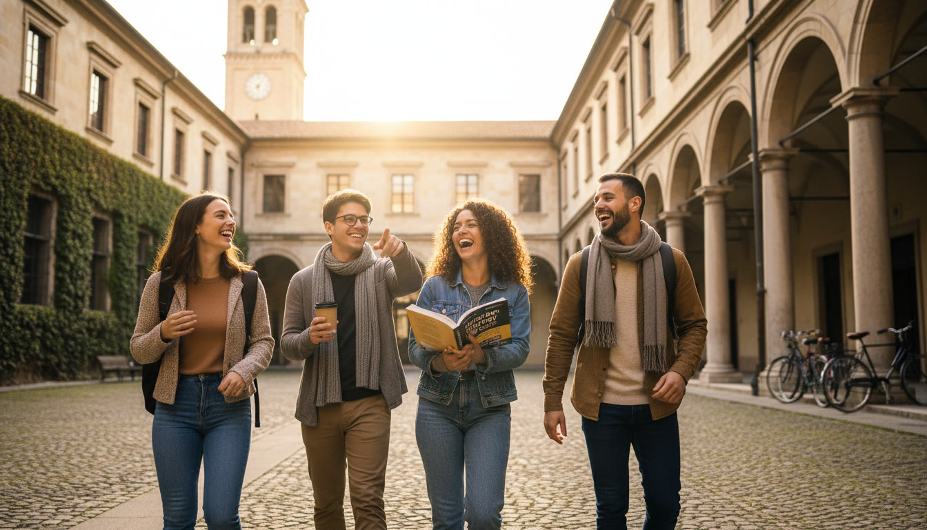 Photo Idea : A bright, relatable photo of a diverse group of students on a European university campus, one holding an AP exam study guide. Use natural light and casual poses to convey optimism and international ambition.