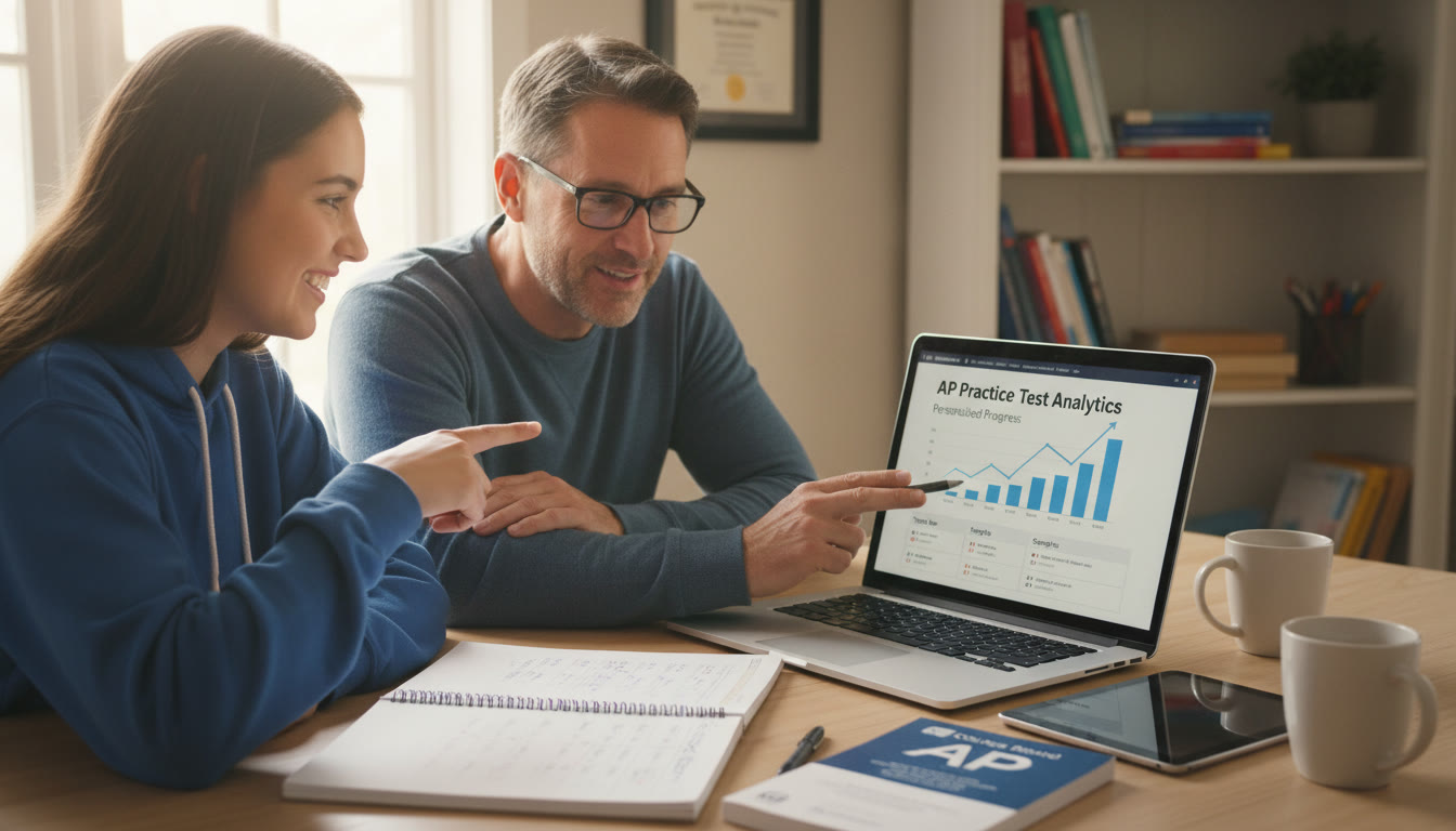 Photo Idea : A student and a tutor (or parent) reviewing an AP practice test with a laptop showing analytics—suggests personalized tutoring and data-driven progress tracking.