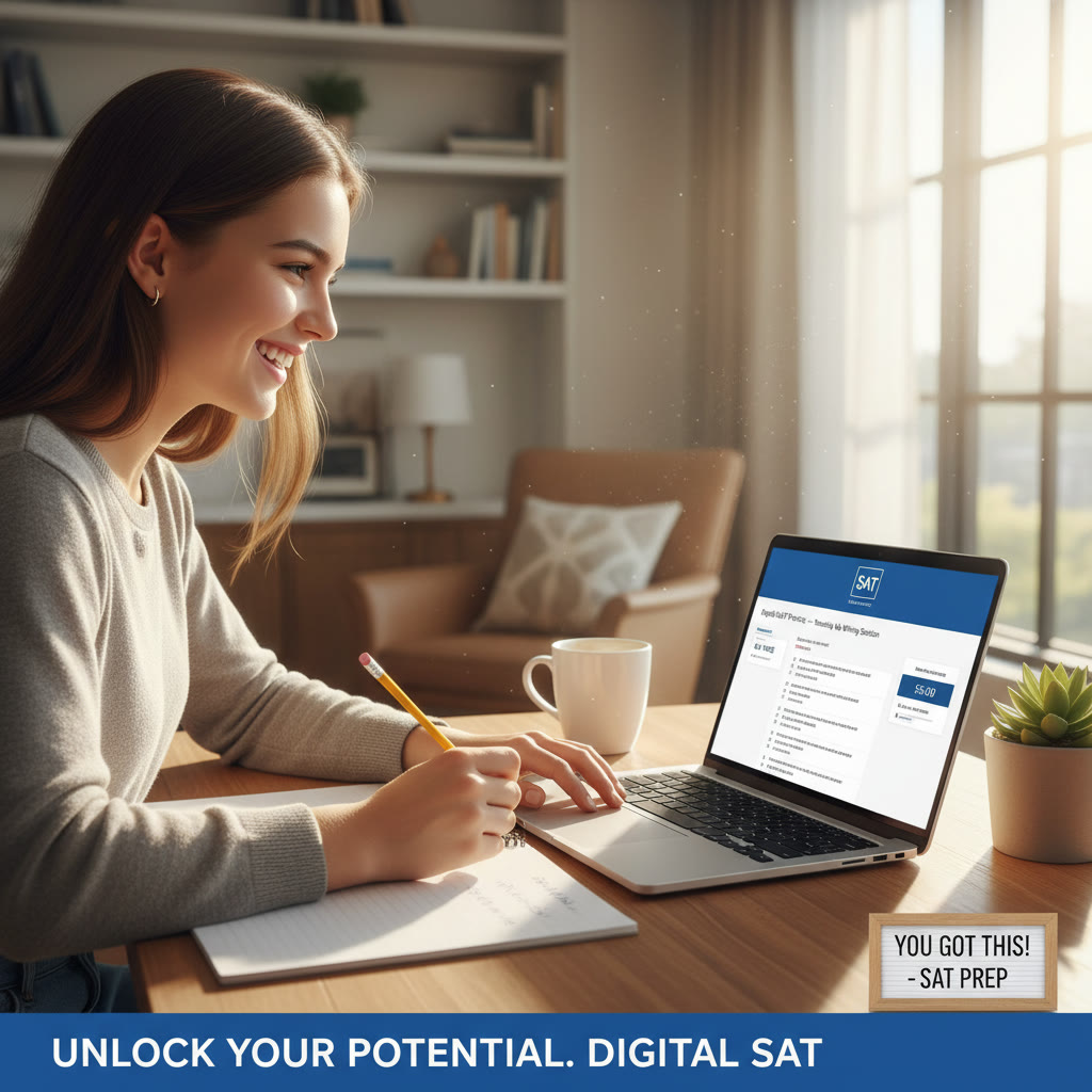 Photo Idea : A focused shot of a student in a quiet study space taking an official Digital SAT practice section on a laptop, with a notepad and pencil nearby — capturing digital test-taking concentration.