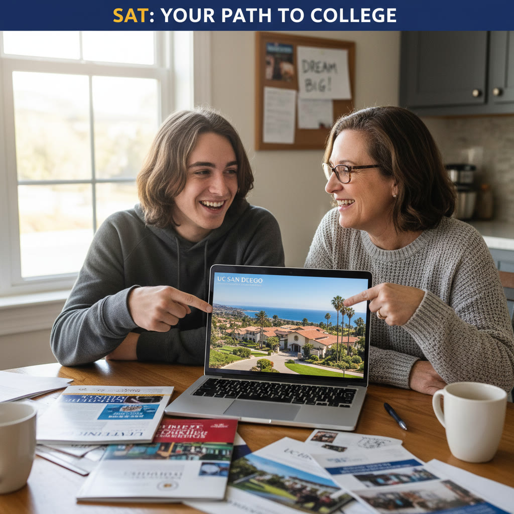 Photo Idea : A warm, candid image of a high school student and a parent at a kitchen table surrounded by college brochures and a laptop displaying UC San Diego’s campus — both smiling and pointing at the screen as they discuss application choices.