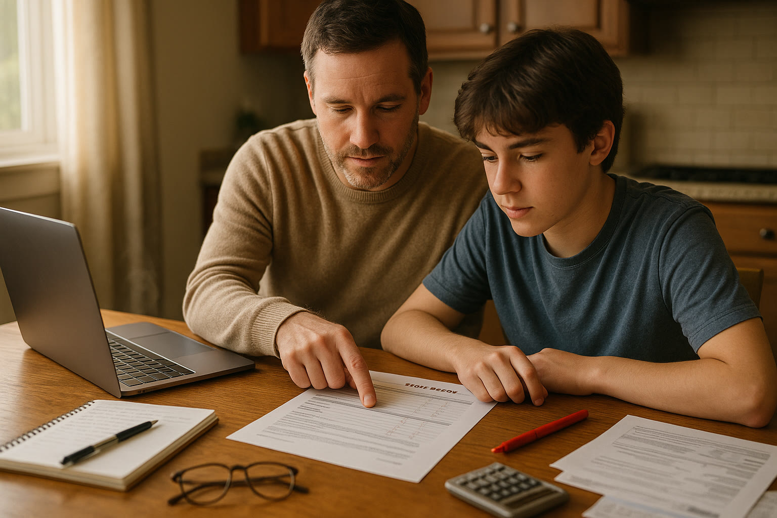 Photo Idea : A cozy kitchen table scene where a student and parent are reviewing a printed score report together with a laptop and a notebook—natural light, pens, coffee cup.