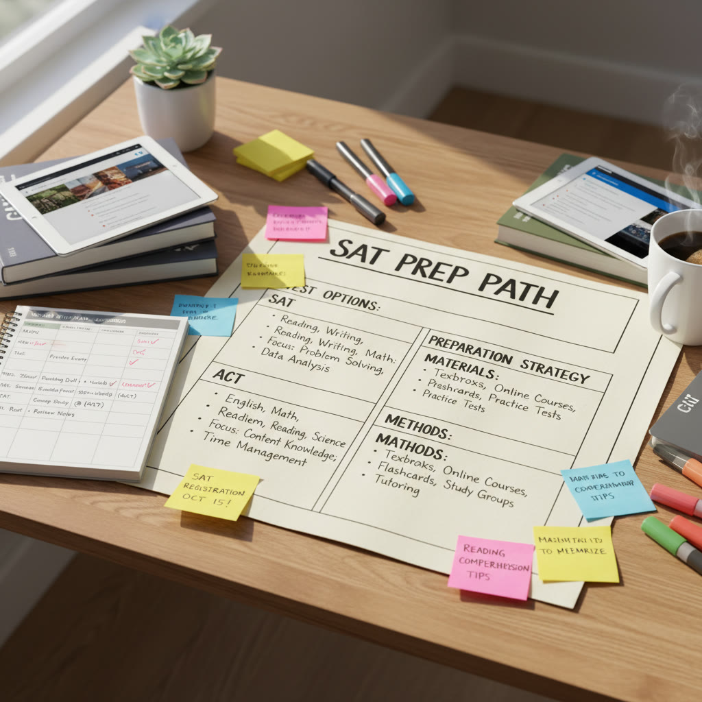 Illustration idea: A comparison chart on a desk with sticky notes and a study schedule, showing the practical, organized approach to choosing and preparing for tests.