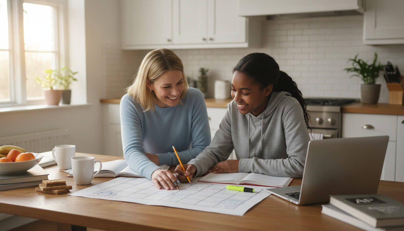 Photo Idea : A cozy scene of a parent and teen at a kitchen table, surrounded by notebooks and a laptop, mapping out a study plan together. The mood is collaborative and hopeful, suggesting practical planning after AP scores.