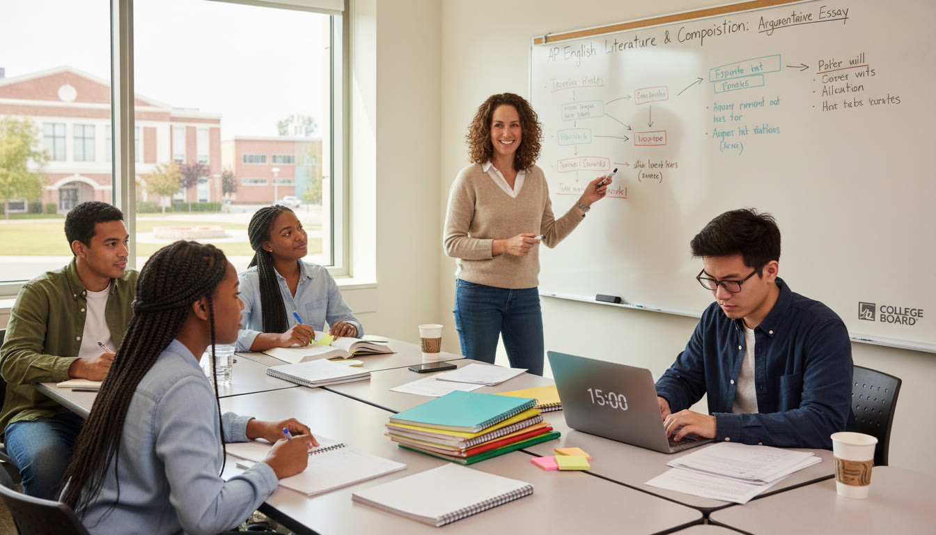 Photo Idea : A tutor leading a mixed group session with a whiteboard, a student writing a timed response, and another student reviewing notes—illustrating a hybrid group and tutor model.