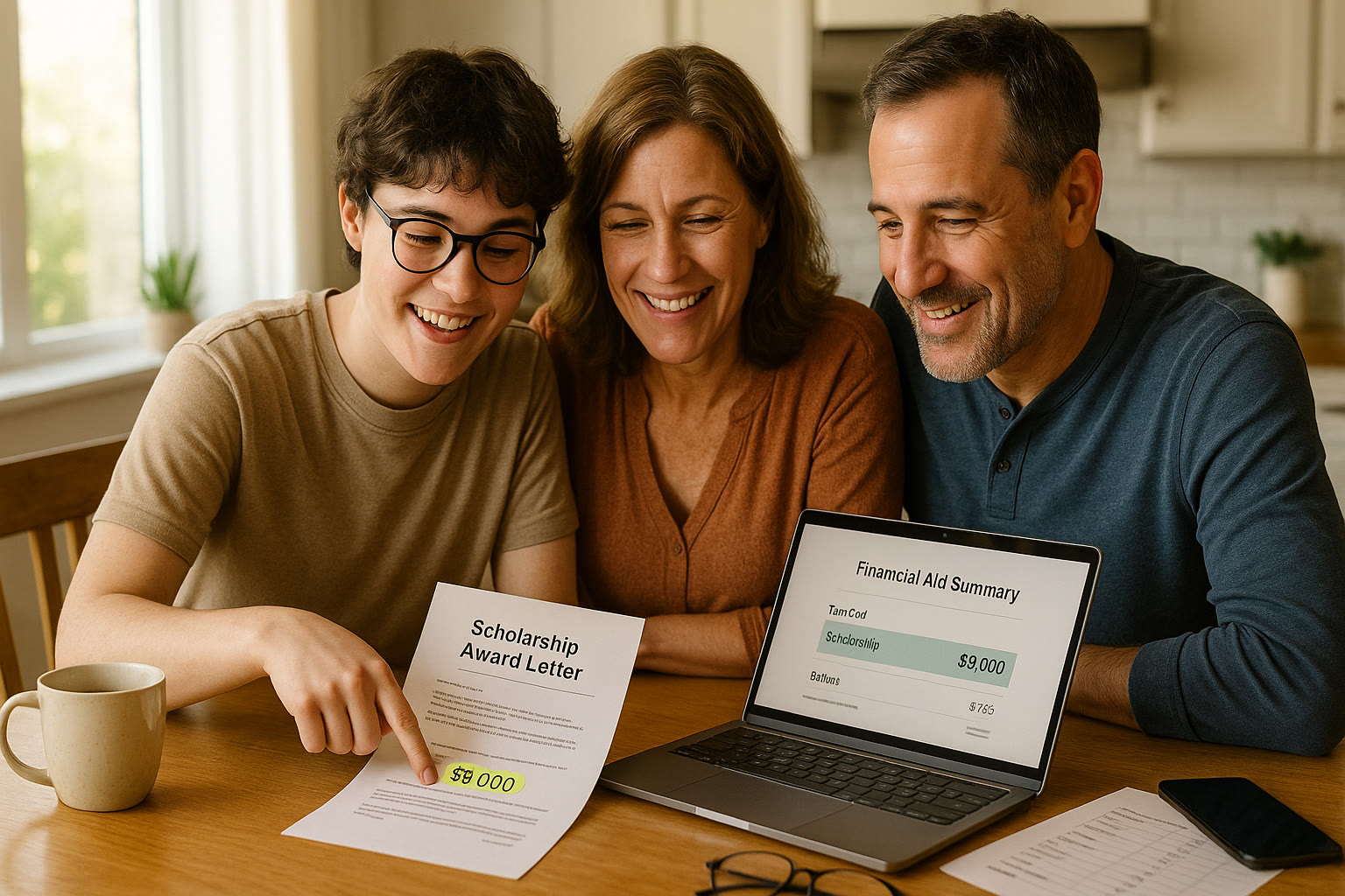 Photo Idea : A family at the kitchen table reviewing a scholarship award letter together; laptop open showing a college financial aid summary and the student pointing at a highlighted scholarship amount.