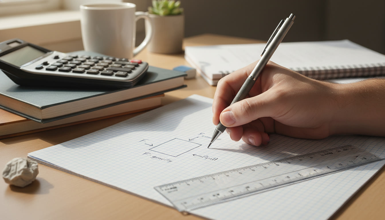 Photo Idea : A student’s hand drawing a neat free-body diagram on graph paper, with a pencil, ruler, and a calculator nearby. Natural, warm lighting; conveys focus and clarity.