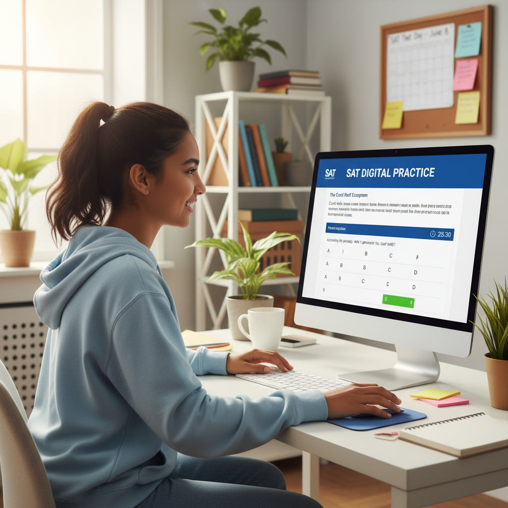 Student at a computer practicing a section-adaptive digital test, screen showing a passage and a set of questions