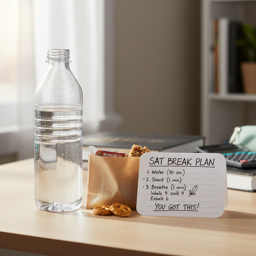 A tidy break kit: water bottle, small snack, and a simple break-plan card with breathing cues — photographed on a desk.
