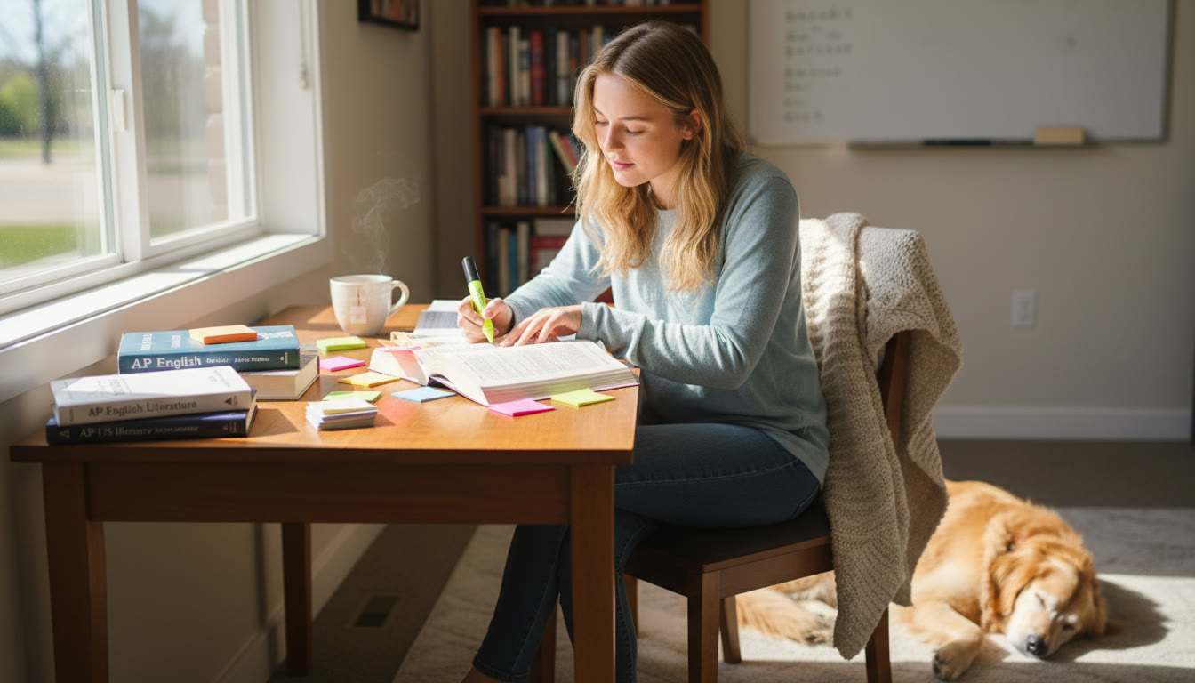 Photo Idea : A warm, focused study scene — a student at a wooden desk with a highlighter in hand, a dog-eared copy of a novel open, sticky notes, and a cup of tea. The image should convey concentration and curiosity in a cozy, real-world setting.