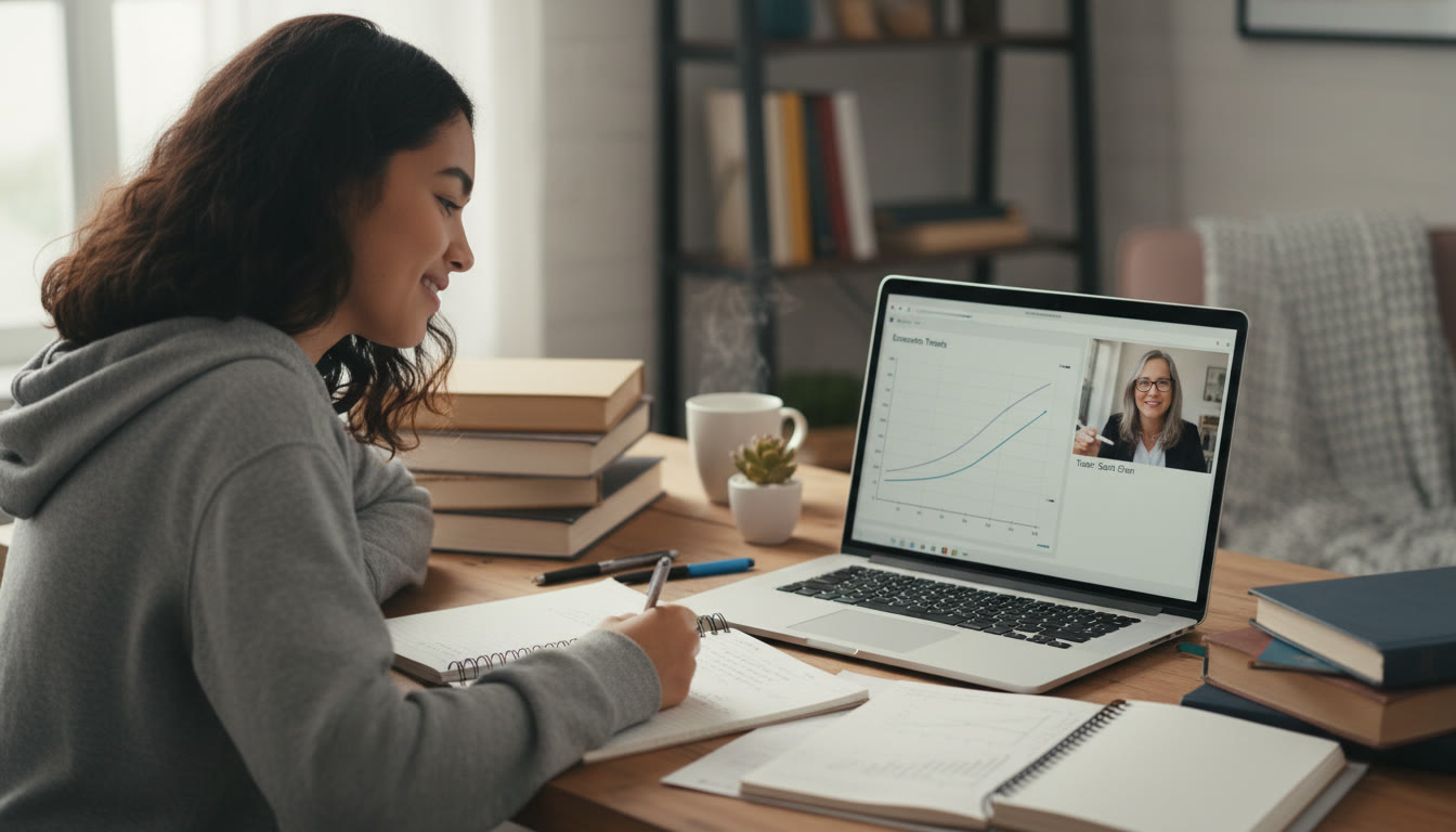 Photo Idea : A calm study scene where a tutor (visible in a video call window on a laptop) is explaining a graph on the screen to a student with notes — illustrating personalized, live guidance.