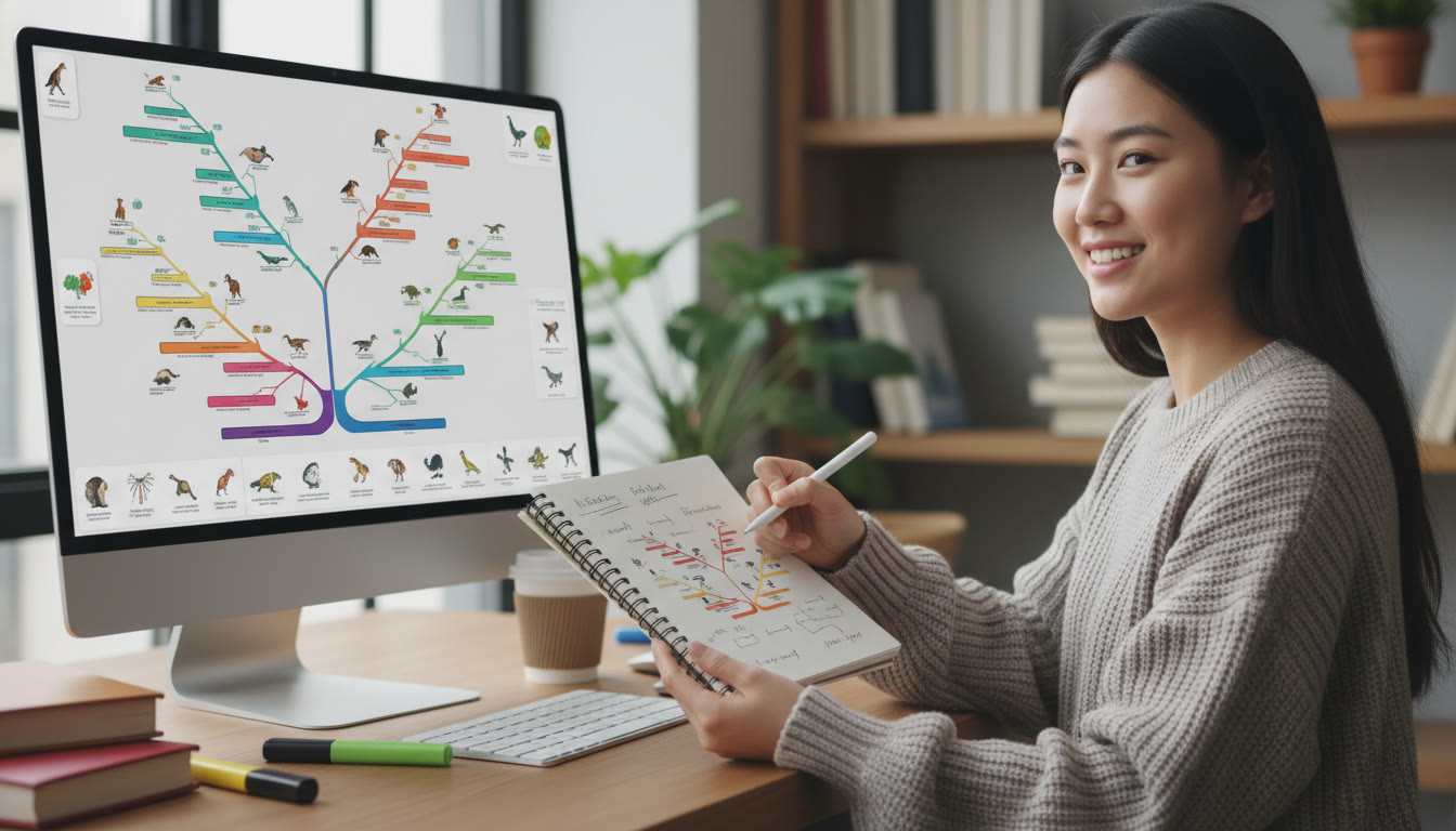 Photo Idea : A close-up of a computer screen with a phylogenetic tree and a student annotating it in a notebook; modern digital-research vibe to emphasize data skills.