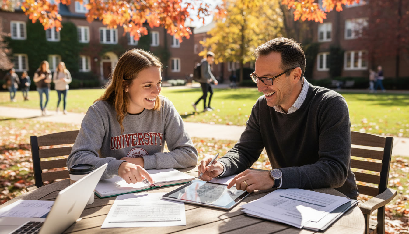 Photo Idea : A student meeting with an academic advisor at a campus table, pointing at a planner and AP score report — conveys planning, guidance, and next-step decisions. Place near the conclusion to reinforce the action-oriented takeaway.