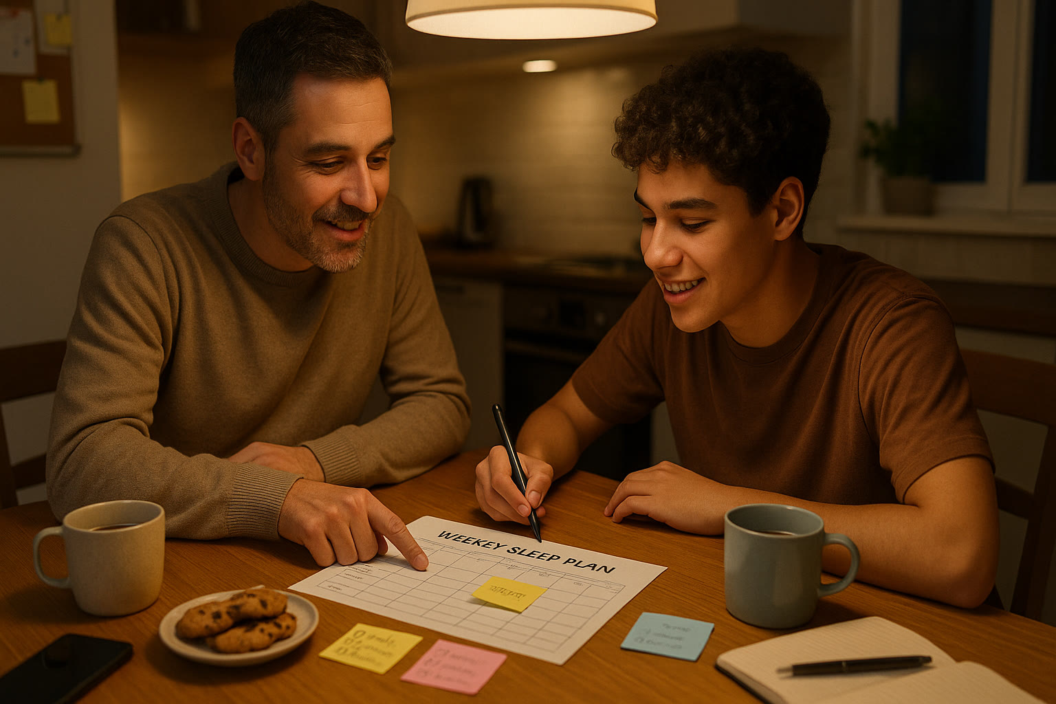 Photo Idea : A parent and teen at a kitchen table, warmly discussing a weekly sleep plan with a calendar and sticky notes visible.