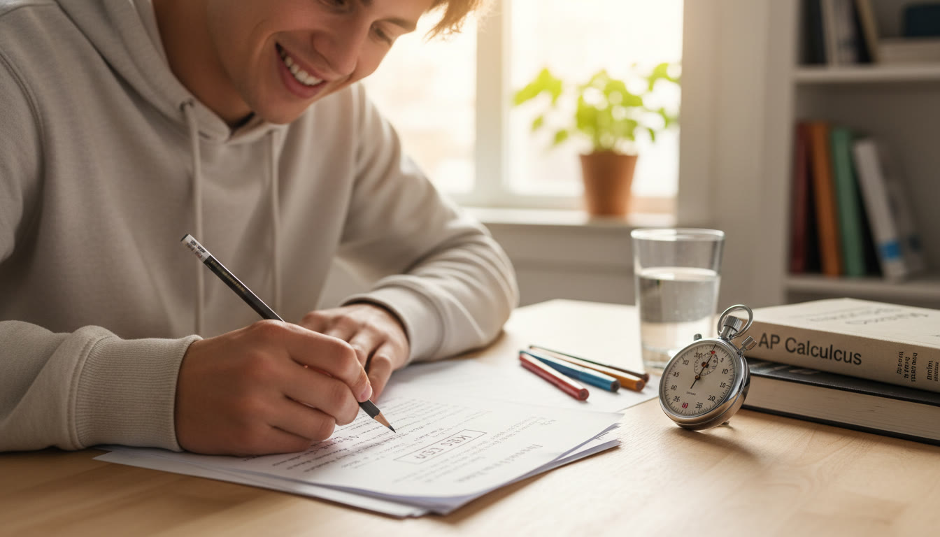 Photo Idea : A calm study desk with a student writing a boxed “Key Step” on timed practice FRQs, pencil in hand, with a stopwatch nearby — communicates focused, efficient explanation style.