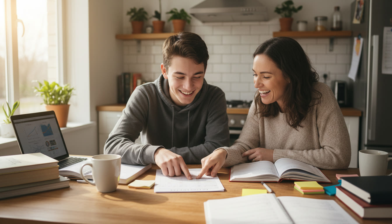 Photo Idea : A mother and high school student at a kitchen table, surrounded by scattered notes and a laptop, looking at a study schedule on paper — warm natural light, candid moment.