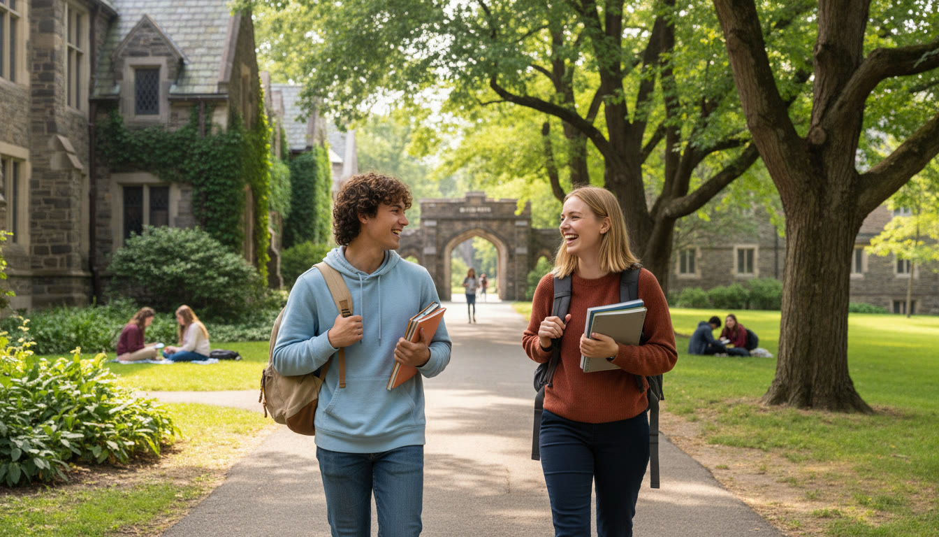 Photo Idea : A bright, candid photo of two students walking between Haverford and Bryn Mawr campus buildings, backpacks on, talking and laughing — evokes the bi-college collaboration and campus life.
