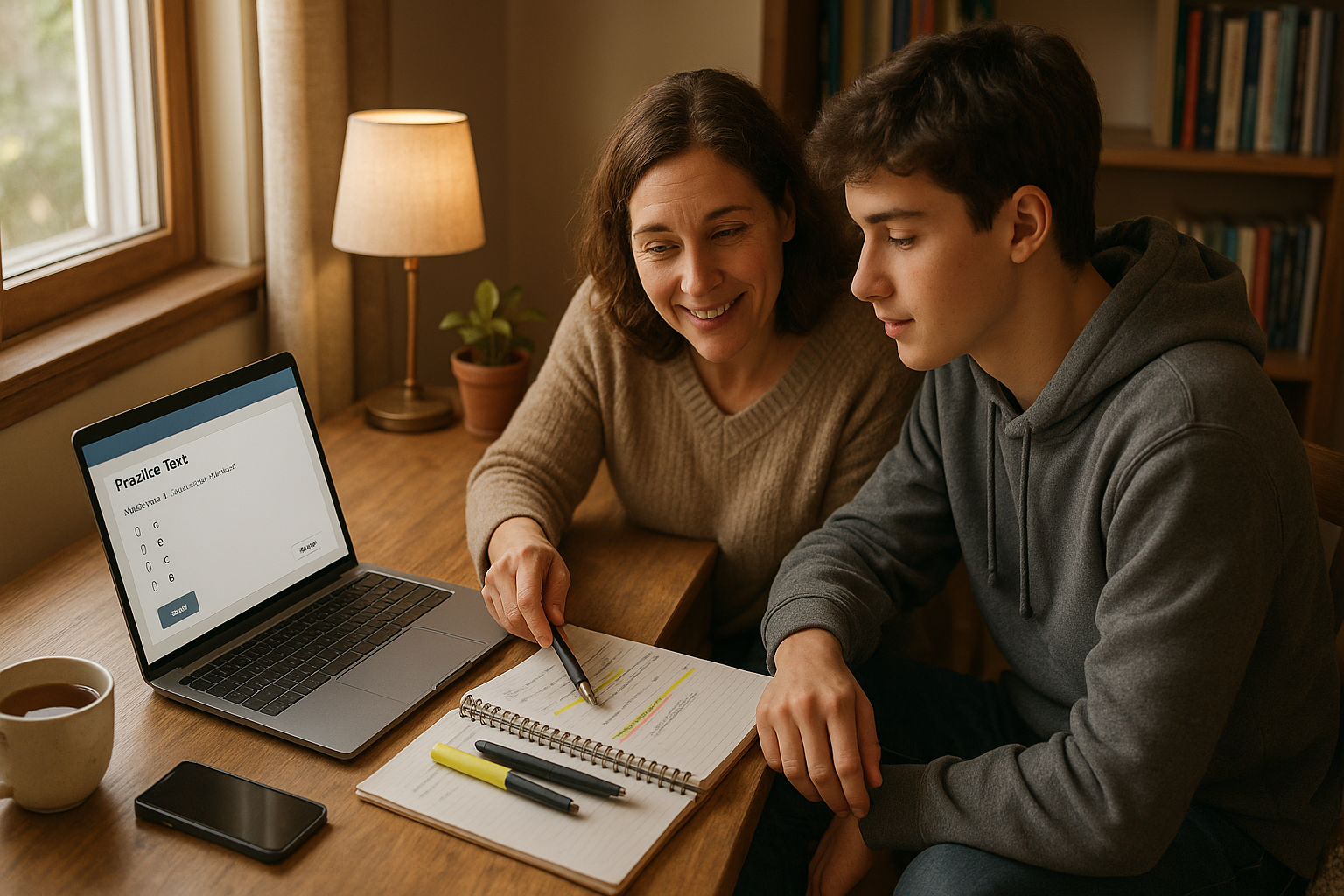 Photo Idea : A cozy study nook with a laptop displaying practice test questions, a notebook with highlighted notes, and a parent and student discussing a study plan.