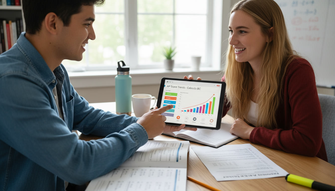 Photo Idea : A tutor and student working together over a practice AP exam with a tablet showing score trends and a printed study plan. This image fits naturally near the strategy and tutoring section to suggest personalized coaching.