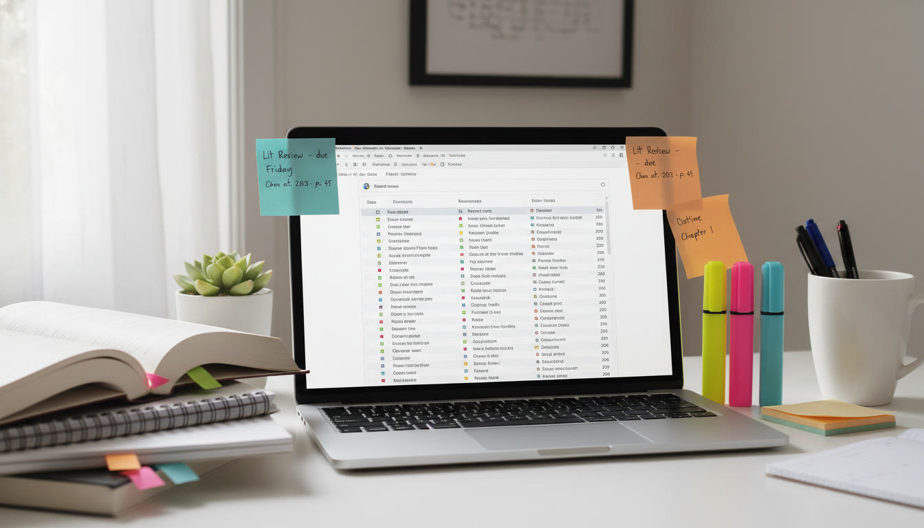 Photo Idea : A tidy study desk with an open laptop showing a reference manager, sticky notes, and a stack of highlighters—evoking calm and control amidst research materials.