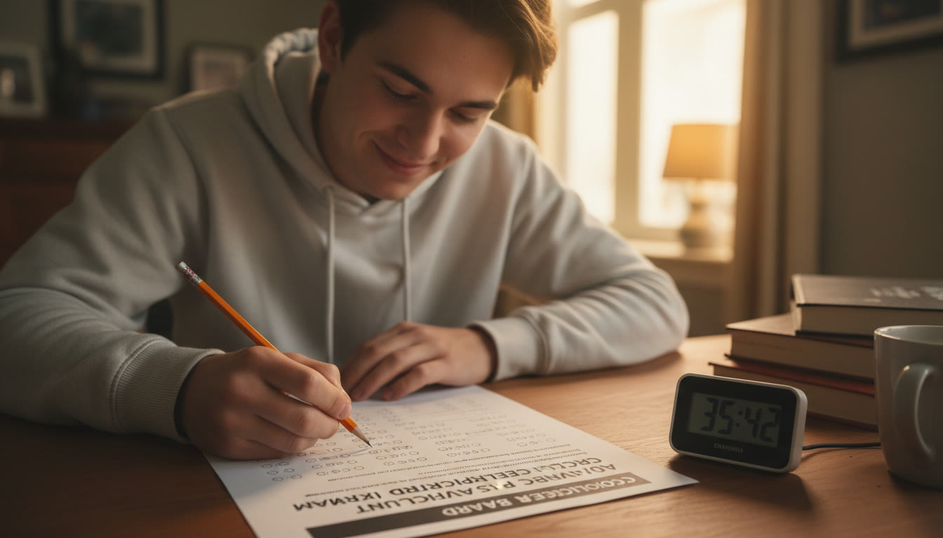 Photo Idea : A student at a desk mid-exam, pencil poised, with a sheet of practice AP questions and a timer visible—lighting warm, focus on calm concentration.