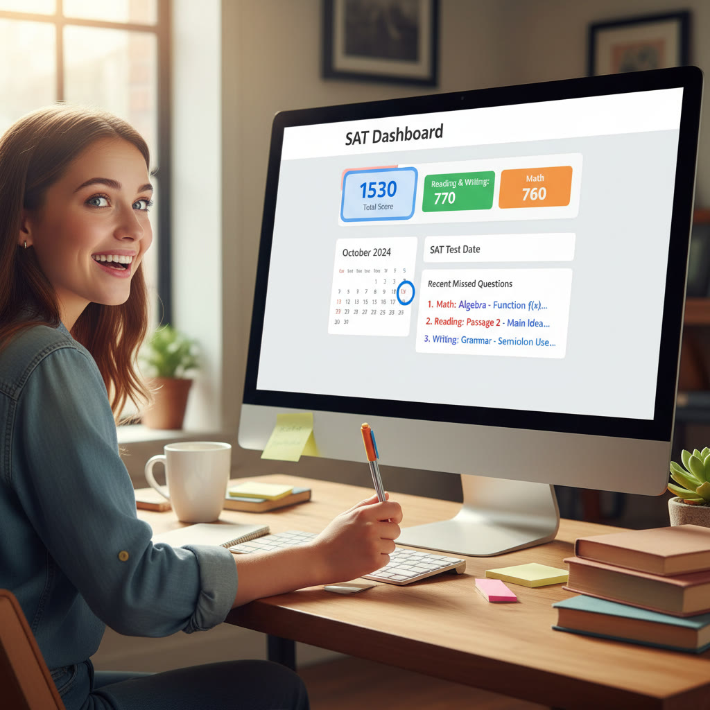 Screenshot idea: A clean Notion page with the SAT Dashboard at the top, showing a score card, calendar view, and a list of recent missed questions.