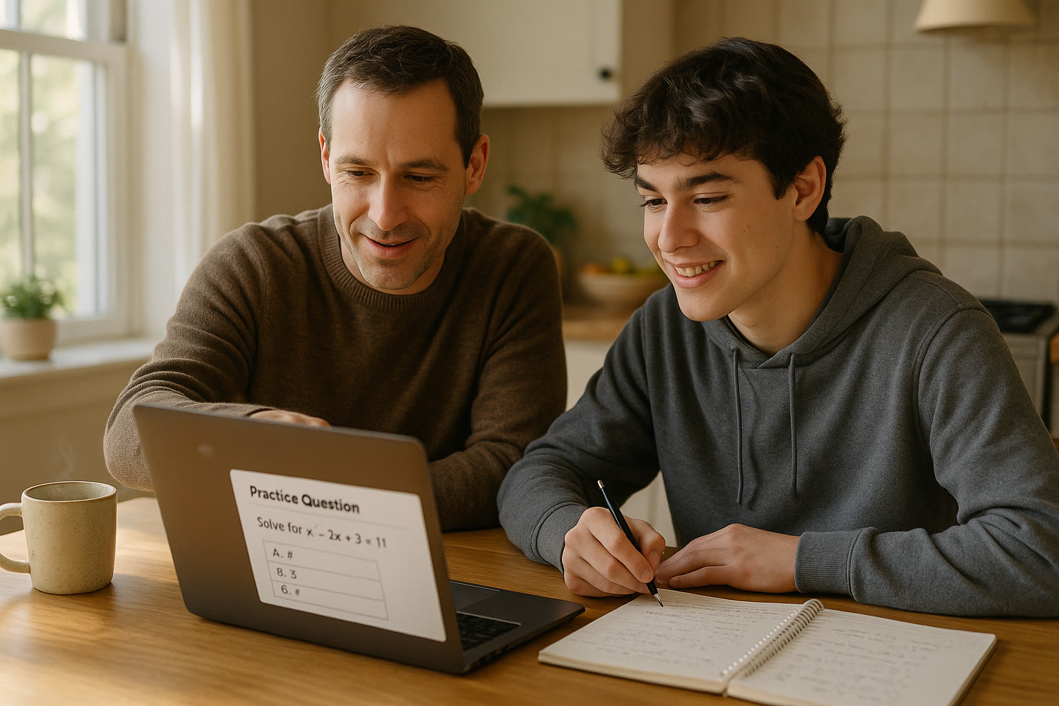 Photo Idea : A parent and teen sitting together at a kitchen table, sharing a laptop screen displaying a practice question; the atmosphere is relaxed and collaborative, with a notebook and coffee mug nearby.