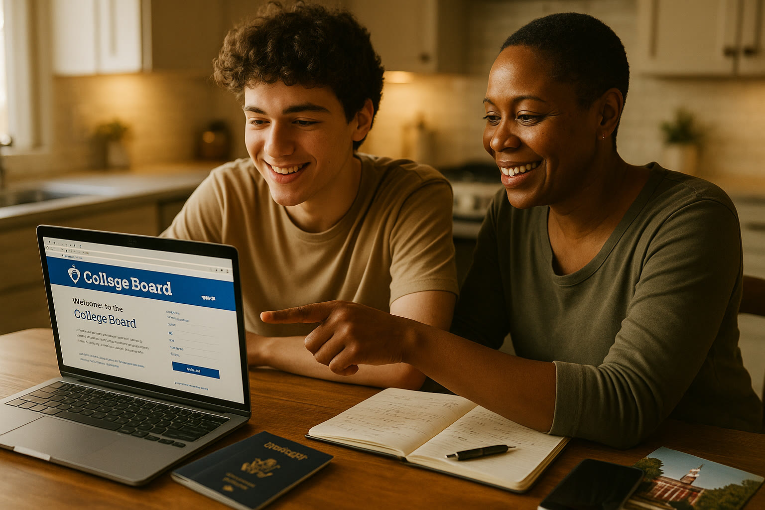 Photo Idea : A warm, candid photo of a teenager and parent sitting at a kitchen table with a laptop open to a College Board page, passports and a notebook nearby.