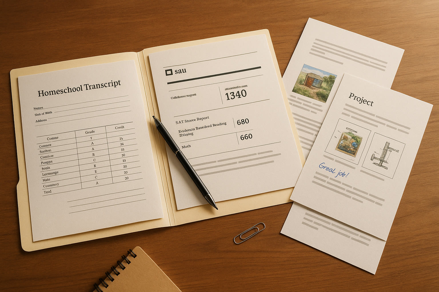 Photo Idea : A tidy folder spread open showing a homeschool transcript, sample project pages, and a printed SAT score report laid out on a wooden table.