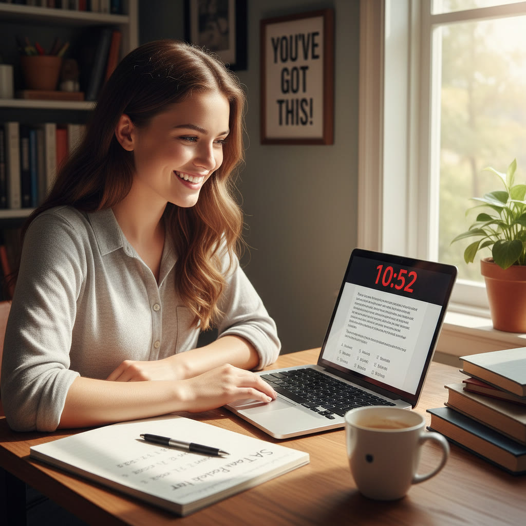 Student practicing a timed SAT Reading passage with a visible countdown on a laptop screen; a notebook nearby shows a simple timing log.