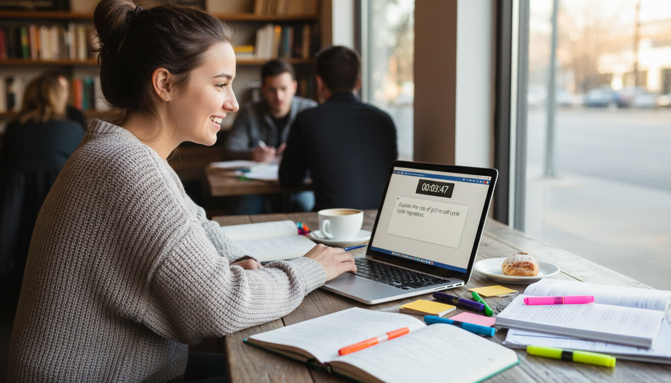 Photo Idea : A student at a coffee shop with notes, colored pens, and an open laptop displaying a timed practice prompt—this image should appear near the conclusion to mirror the section about practice routines and tutoring.